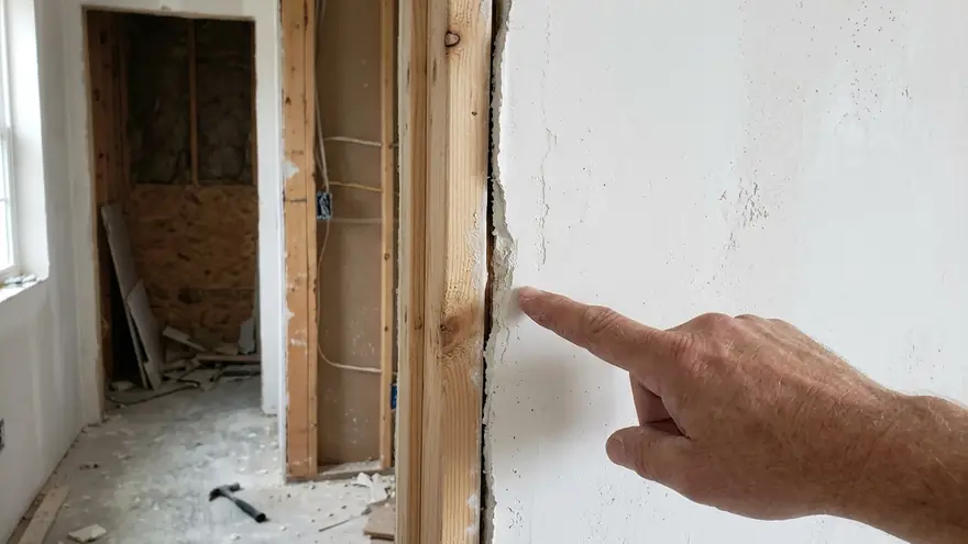 Eigentümerin fotografiert mit dem Handy einen dunklen Fleck an der Wohnzimmerwand